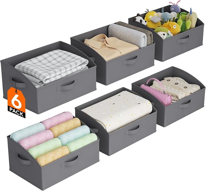 Lifewit Trapezoid Closet Storage Bins for Shelf, 6 Packs Non-woven Closet Organizer Baskets with Handles, Foldable Clothes Containers Boxes for Clothing, Book, Purse, 19L, Large, Gray