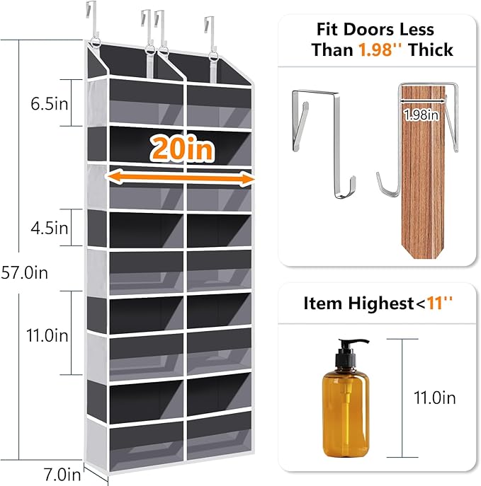 UVIAHOMI 2 Pack - Over The Door Organizer 5 Tiers, Extra Large Behind Door Storage of 10 Big Front & 10 Mesh Pockets, 80lb Weight Capacity, Hanging Doors Storage for Closet Bedroom Nursery, Dark Gray