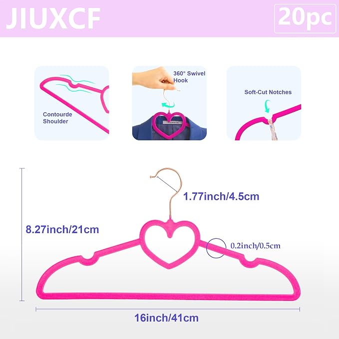Velvet Hangers 20 Pack,16 Inch Non Slip Adult Heart Hanger(Hot Pink) | 360° Swivel Hooks, Cascade Design, Space Saving
