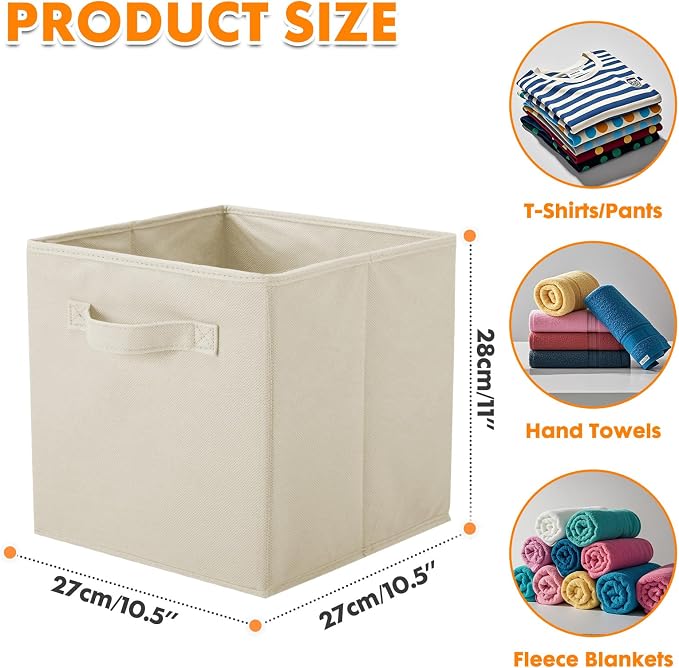 PowerKing Collapsible Storage Cubes with Handles, Fabric Foldable Bins for Closet Shelves, Durable Organization Storage Bins, 10.5'' x 11'' x 10.5'', 6 Pack, Cream