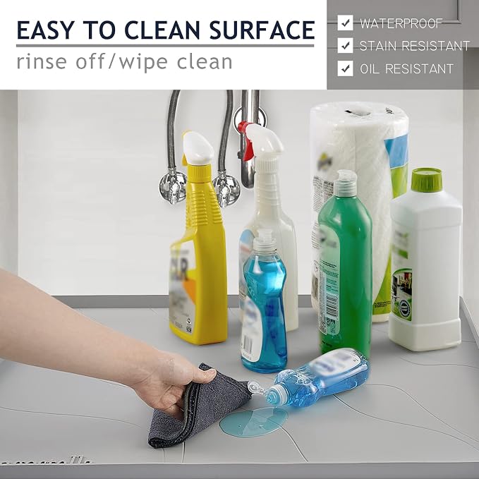 Heavy Duty Silicone Under Sink Mat for Kitchen&Bathroom 22" x 19",Waterproof Under Sink Rubber Mat Drip Tray, Raised Edge Under Sink Liner,Prevent Drips, Leaks, Spills,Grey