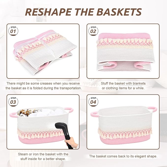 2 Pack Storage Basket for Shelves, Boho Cotton Rope Storage Bins with Heavy Tassel, Shelf Baskets Large Woven Baskets for Organizing, Cube Organizer Bins, Baby Laundry Basket for Clothes, Toys, Pets