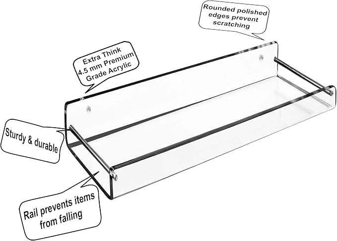 AMT 2 Pack Acrylic Floating Shelves, 15" L x 4.8" W, Clear Bathroom Wall Shelf, Bookshelves, Invisible Display for Office, Bedroom, Small Gap Allows Water to Escape, Free Screws & Drill Bit (Medium)