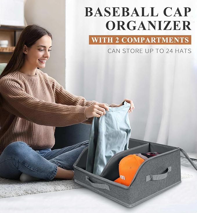 Hat Organizer for Baseball Caps, 2 Compartments Clear Window Hat Storage Box for Closet Hold Up to 24 Caps, Hats Holder Container with Sturdy Cardboard for Home Storage | Dark Gray