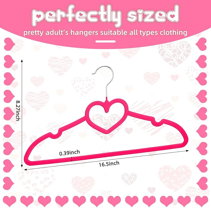 Qunclay 50 Pcs Hot Pink Velvet Heart Hangers, Non-Slip Felt Clothes, Heavy Duty Sturdy Heart Clothes Coat Hanger, Cute Kawaii Room Decor for Adult Women, Space Saving No Hanger Mark, 360° Swivel Hook