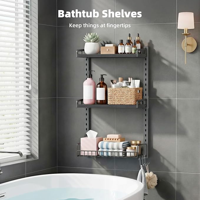 Kalrin 3 Tier Bathroom Shelves Over Toilet - Wall Mounted Floating Shelves with Drain Basket, Toilet Paper Storage, Height Adjustable Over The Toilet Storage, Pure Black