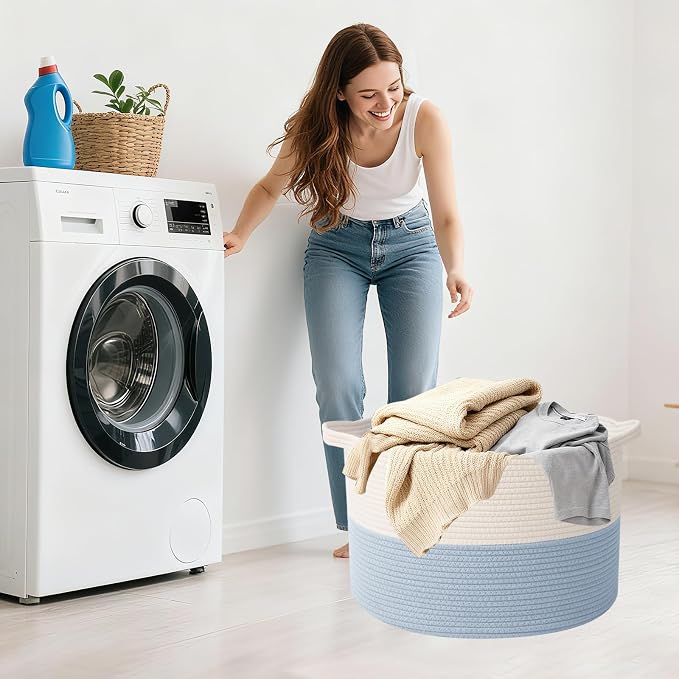 115L Extra Large Woven Cotton Rope Blanket Basket with Handles, Laundry Hamper Storage Bin for Pillows, Comforters,Clothes, Toys, Nursery, Bedroom and Living Room Organization,White&Blue