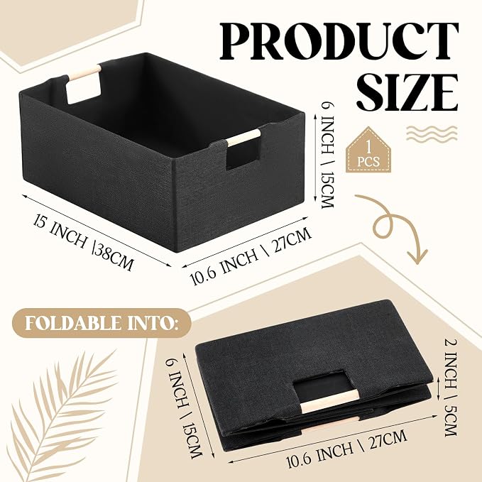 Cinnvoice 1 Pack Fabric Storage Bins for Closet Shelves, 15 x 10.6 x 6 Inch Black Rectangle Wardrobe Organizer with Handle, Collapsible Shelves Storage Basket for Sorting Clothes and Toy