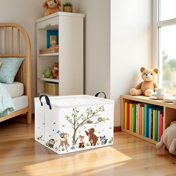 Rectangular Kids Storage Basket Baby Storage Basket with Handles for Home Kitchen Boys and Girls Cute Toy Storage Bin Organizer Shelf Book Room Decor(Tree Animal)