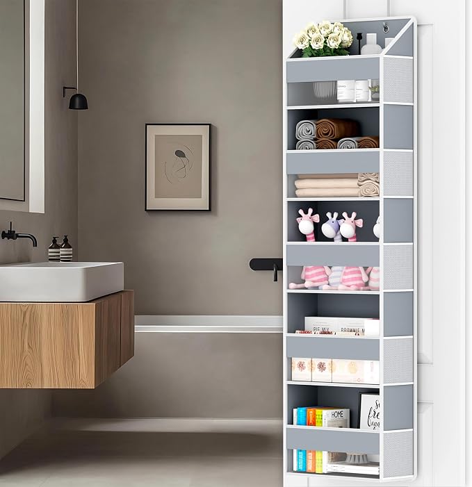 Over The Door Organizer - Over Door Storage Organizer with 5 Large Pockets & 10 Mesh Side Compartments - Heavy-Duty Hanging Storage for Bathroom, Bedroom & Closet - Baby Room Organize - Grey