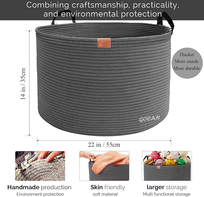 GOCAN Extra Large Storage Laundry Basket 22" X 22"X 14" Cotton Rope Woven Basket for Blanket Basket with Handles for Living Room Toys Storage XXXL (Dull grey)