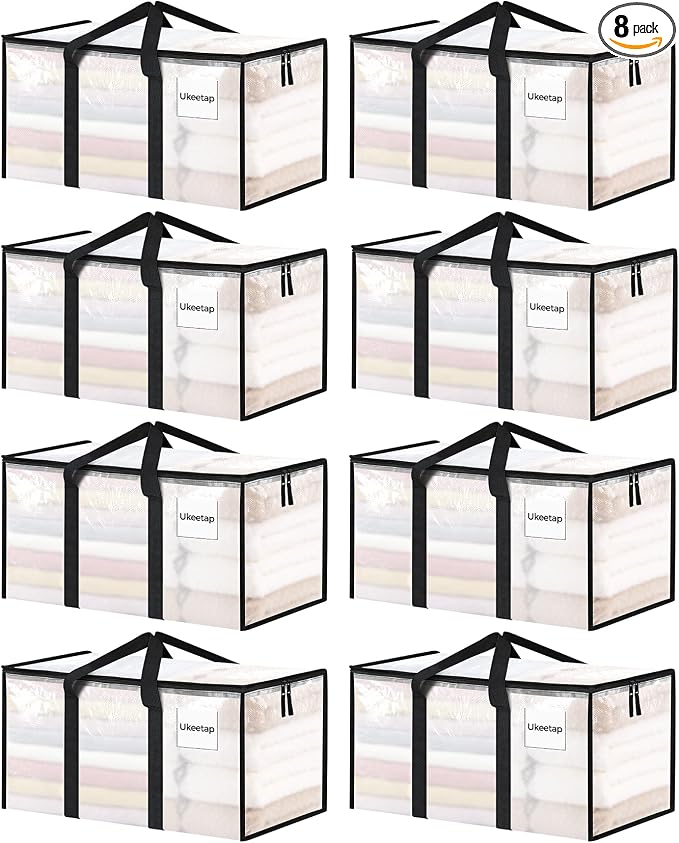 8 Pack Extra Large Heavy Duty Moving Bags, Clear Storage Bins with Lids, Reinforced Handles & Heavy-Duty Zippers Moving Boxes Storage Bags Totes for Clothes Packing, Dorms, College Supplies, Clear