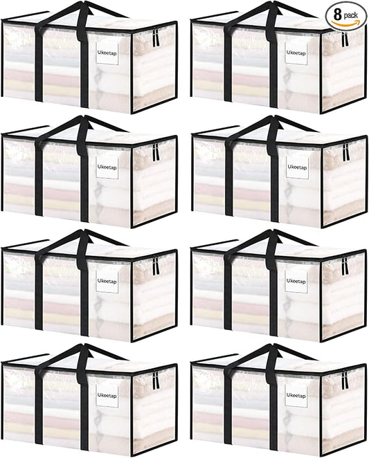 8 Pack Extra Large Heavy Duty Moving Bags, Clear Storage Bins with Lids, Reinforced Handles & Heavy-Duty Zippers Moving Boxes Storage Bags Totes for Clothes Packing, Dorms, College Supplies, Clear