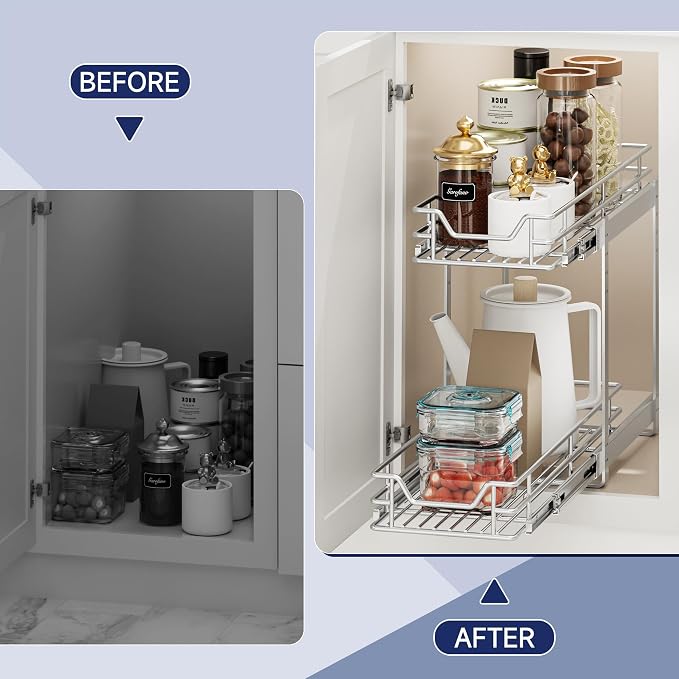 2-Tier Pull Out Cabinet Organizer, 5.5" W x 21.5" D, Heavy Duty Dual Slide Out Shelves for Narrow Base Cabinets, Chrome Wire Basket Drawer for Spices, Bottles & Snacks