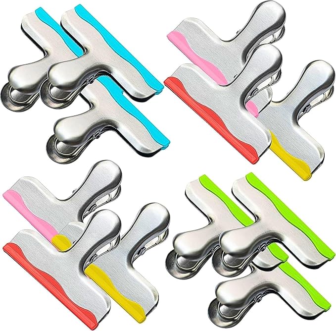 YARALL 12 Pack Metal Chip Clips with Silicone Edges – Heavy Duty Bag Clips for Food Packages, Kitchen, Office – Color Coded, Air Tight Extra Strong Clamps, 3 Inches Wide (12)