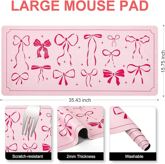 L-SPOUTTO Pink Bow Desk Mat for Keyboard and Mouse,Cute XXL Large Mouse Pad | Non-Slip Keyboard Pad Waterproof Girly Desktop Mat for Laptop Computer Work Game Home Office-Pink Ribbon