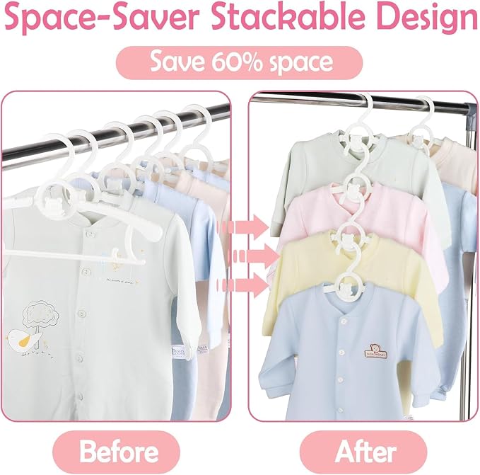 Baby Clothes Hangers 20 Pack, Plastic Kids Hangers Space Saving for Closet | White Hanger for Toddler Girl and Boy, Lightweight Anti-Slip Cascading Padded Extendable Adjustable Pant Bear Children Hangar