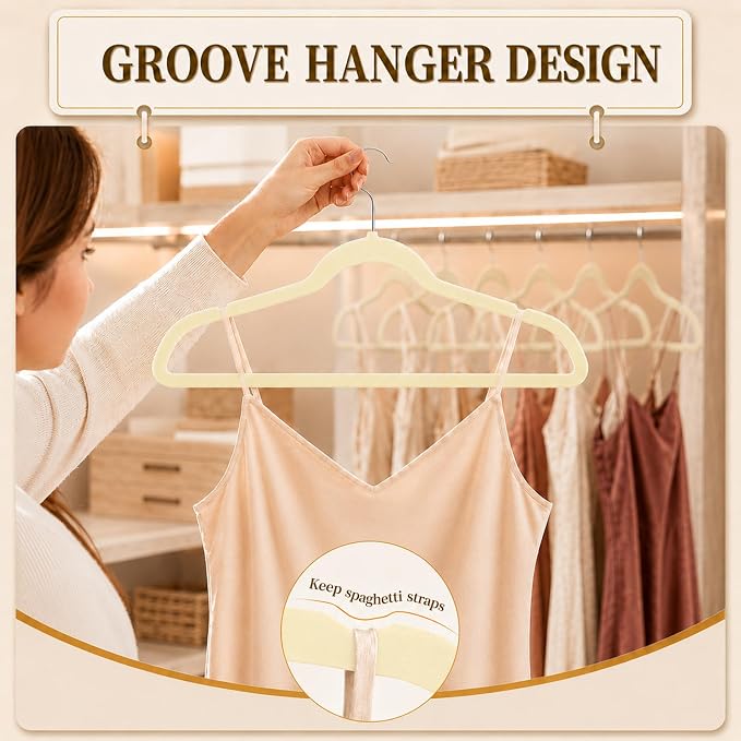 Velvet Hangers 50 Pack, Non Slip Clothes Hangers with Shoulder Notches, Slim Felt Hanger with 360° Swivel Hook, Space-Saving, Heavy Duty, for Coat, Shirt, Pants, Dress, Suits, Ivory