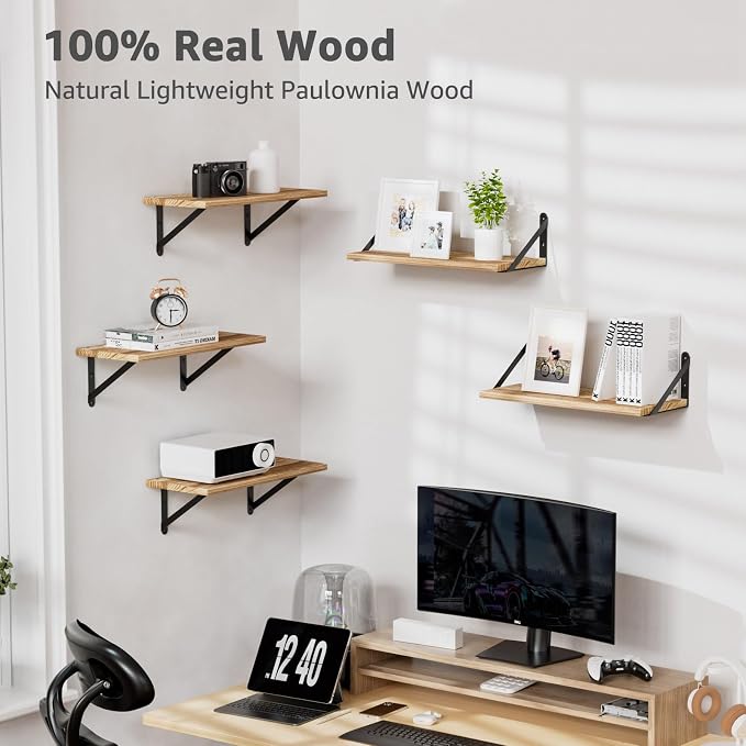 COCOYA Wall Shelves 7.3" Deep Solid Paulownia Wood (Light Brown, Set of 5) | 15mm Thick, Wider & Longer & Stronger, Easy to Install, Floating Bookshelves, For Bathroom Bedroom, Office Storage Organizer