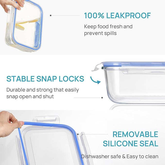 Vtopmart 2Pack 1860ml/63oz Large Glass Storage Containers With Lids, Blue | Meal Prep Food Container Set with Snap Airtight Lid, For Baking, Microwave, Oven, Leak Proof, Freezer, Dishwasher, BPA Free