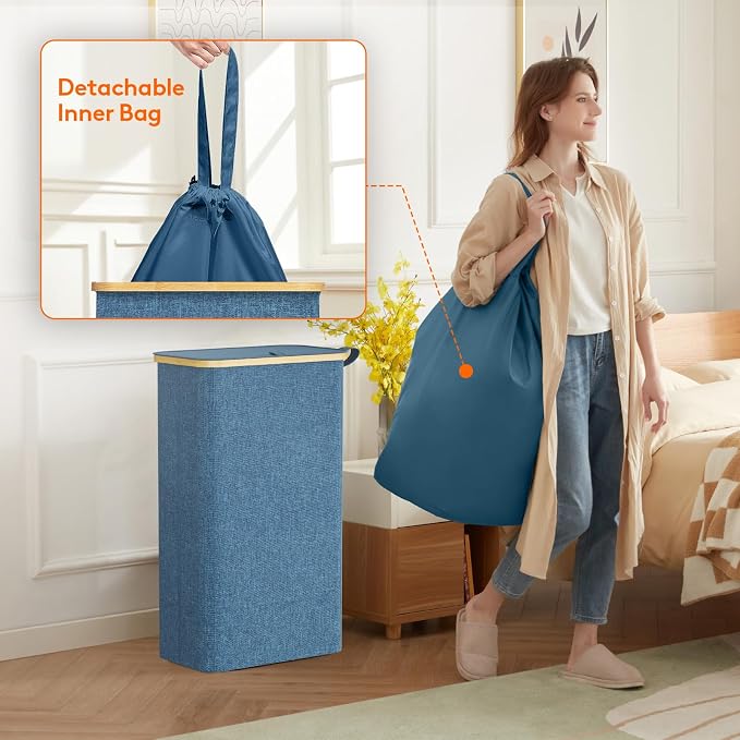 Lifewit 75L Slim Laundry Hamper with Lid, Narrow Laundry Basket with Removable Bag & Bamboo Handles, Fodable Thin Dirty Clothes Hamper for Laundry Collapsible Bin for Bathroom Bedroom Dorm, Dark Blue