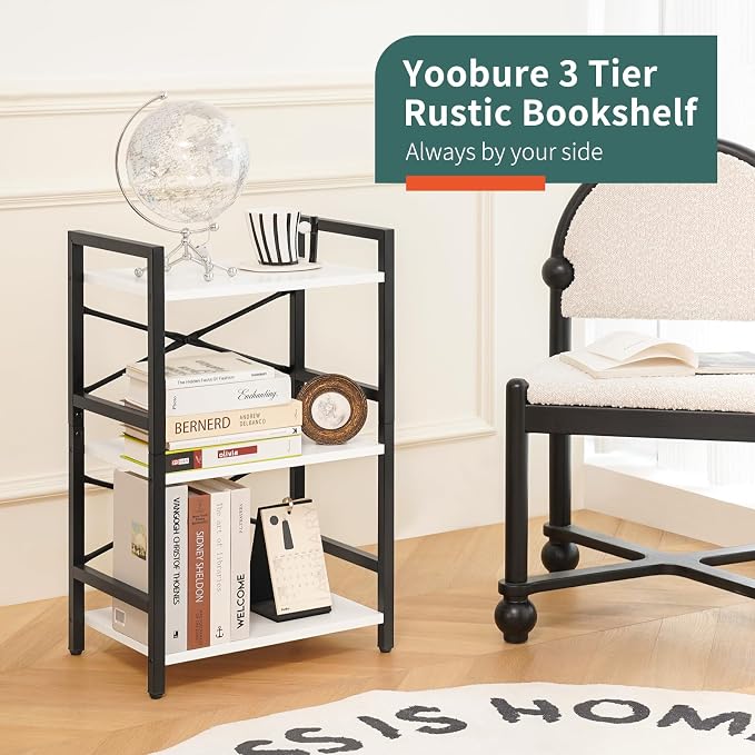 Yoobure Bookshelf Small Book Shelf, Solid Industrial 3 Tier Shelf Bookcase, Short Book Case for Bedroom, Living Room, Office Home, Small Spaces, Easy Assembly, White
