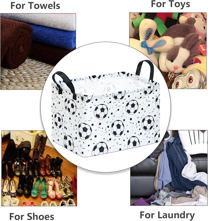 Kids Storage Basket with Soccer Print, 14.5" x 10.2" x 9.1", Waterproof with Leather Handles, Collapsible Rectangular Bin for Boys Sports Gear, Toys & Laundry