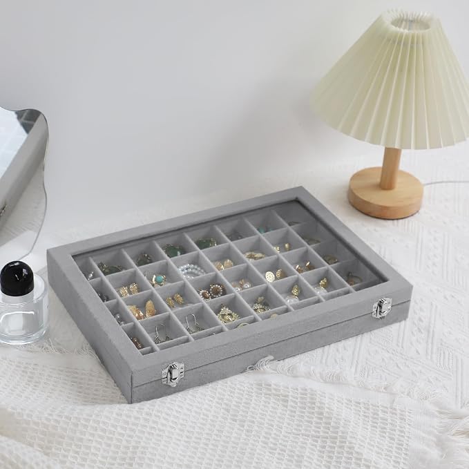 Stratalife 40 Grid Earring Organizer: Jewelry Holder Organizer Box with Clear Glass Lid, Velvet Jewelry Storage for Studs, Earrings, Rings, Necklace with Removable Dividers for Dresser, Grey