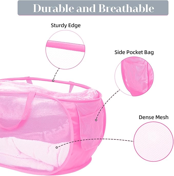 4 Pcs Durable Collapsible Laundry Baskets, Foldable Large Opening Pop Up Laundry Hamper with Pocket, Clothes Hamper with Handles for Laundry, Bathroom, Kids Room, Dorm or Travel Pink
