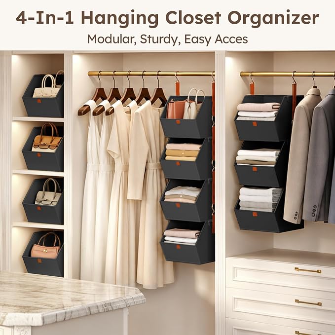 Homsorout Hanging Closet Organizer 4 Tier - Clothes Hanging Shelves, Space-Saving Closet System, Fabric Storage Bins Bedroom Organization, Collapsible Baskets for Home, Dorm, Rv, Black, 8 Pack