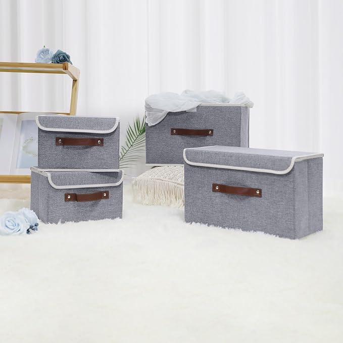 ANMINY 4PCS Storage Bin with Lid Storage Boxes with PU Leather Handles PP Plastic Board Decorative Foldable Lidded Cotton Linen Fabric Home Cubes Baskets Closet Organizer Container - Gray, Medium
