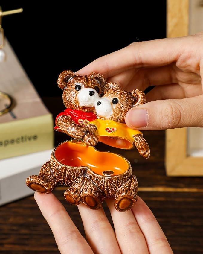 Hand Painted Trinket Box Enamel Vintage Jewelry Box Teddy Bear Gift Hinged Metal Jewelry Organizer Decorative Treasure Box Unique Valentine's Day Gifts Couple Bear B