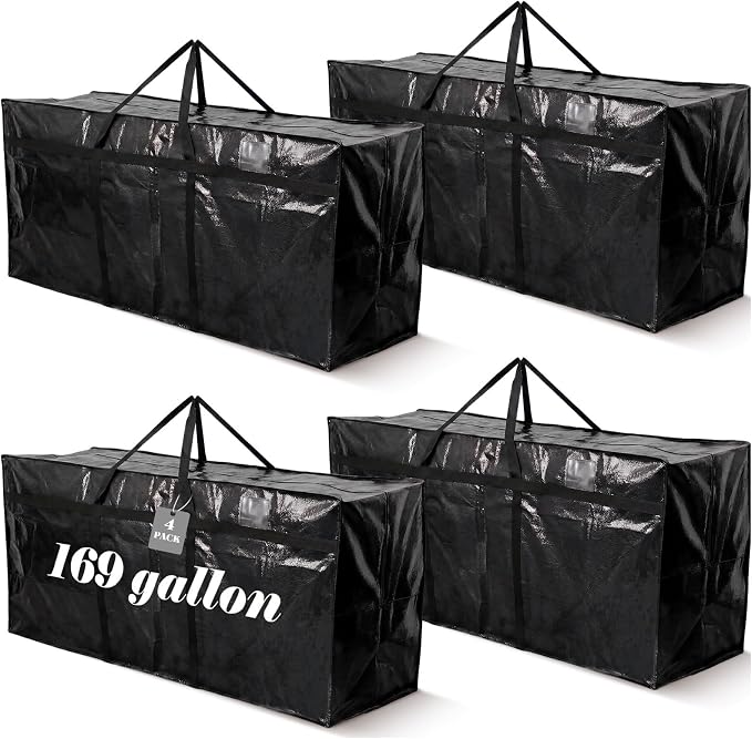 4 Pcs 169 Gallon Extra Large Moving Bags Heavy Duty Storage Bag with Strong Zipper Handle Foldable XXL Jumbo Storage Tote Packing Moving Box for College Dorm Travel Cloth Duffle (Black)