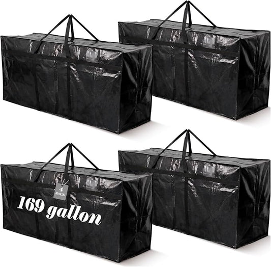 4 Pcs 169 Gallon Extra Large Moving Bags Heavy Duty Storage Bag with Strong Zipper Handle Foldable XXL Jumbo Storage Tote Packing Moving Box for College Dorm Travel Cloth Duffle (Black)