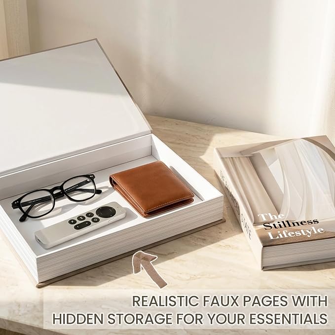 Decorative Books for Neutral Home, Fake Books Storage Boxes for Decoration | Set of 2 Coffee Table Books with Hidden Storage, Stackable Photo Storage Keepsake Box for Living Room Bookshelf Decor, Beige