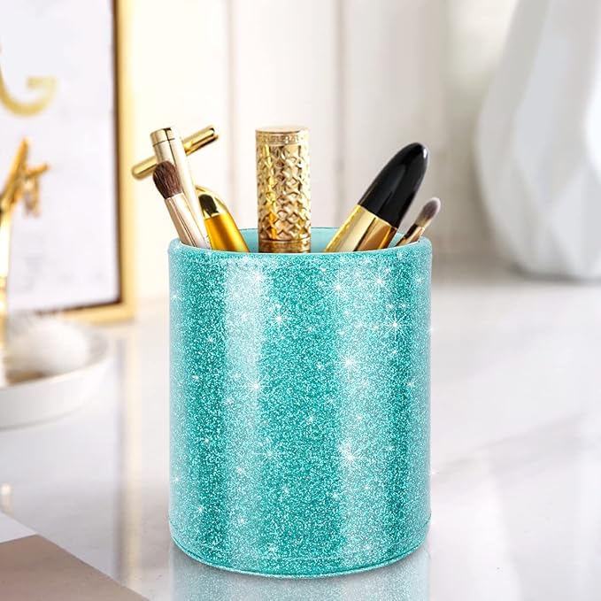 Glitter Pen Holder Pencil Organizer, Cute Pencil Cup Desk Decor, Decorative Makeup Brush Holder Large, Leather Multi-Functional Organizer Cup for Office, Home, Classroom, Blue+Green
