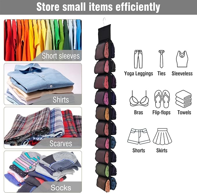 Aulock 2 Pack Legging Storage Organizer, Hanging Closet Organizer System, Black Clothes Closets Holder with 20 Roll Independent Compartments for Yoga T-Shirts Bras Socks Pants Tank Top Towel