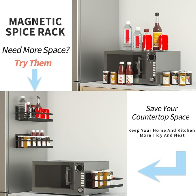 2 Pack Magnetic Spice Rack for Refrigerator,Heave Duty Magnetic Shelf For Kitchen,Magnet Book Shelf For Whiteboard,Space Container,Drill free (Black)