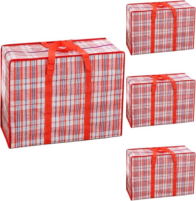 Heavy Duty Extra Large Moving Bags, 168L Oversize Organizer Storage Bags With Durable Zippers for Clothes Comforter Pillow, Waterproof Totes for Carrying Camping Bedding (Set of 4) - Red Checkered