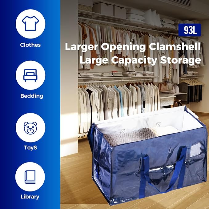 93L Moving Bags 8Pack Storage Bag Large Moving Boxes with Lids, Zippers Handles for Moving Totes Bins, College Dorm, Traveling, Camping, Christmas