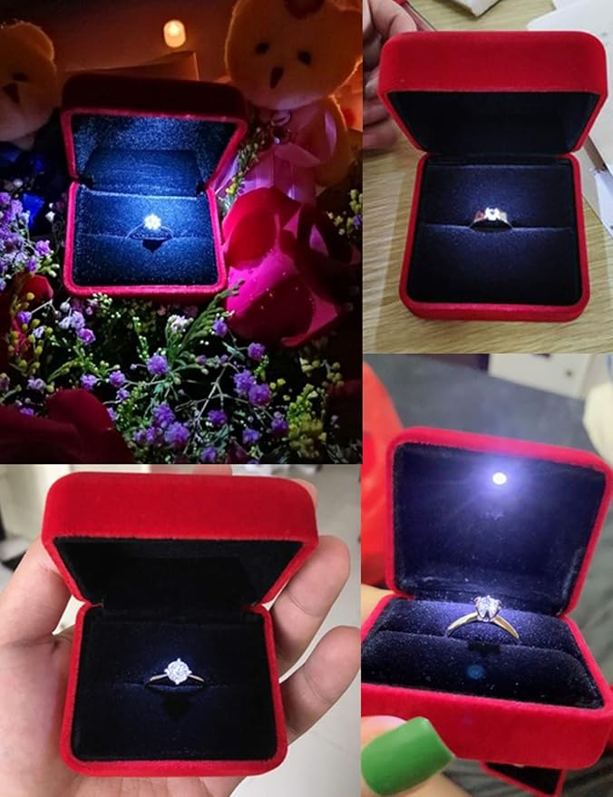 Velvet Ring Box with LED Light Jewelry Display Gift Box for Proposal,Engagement, Wedding