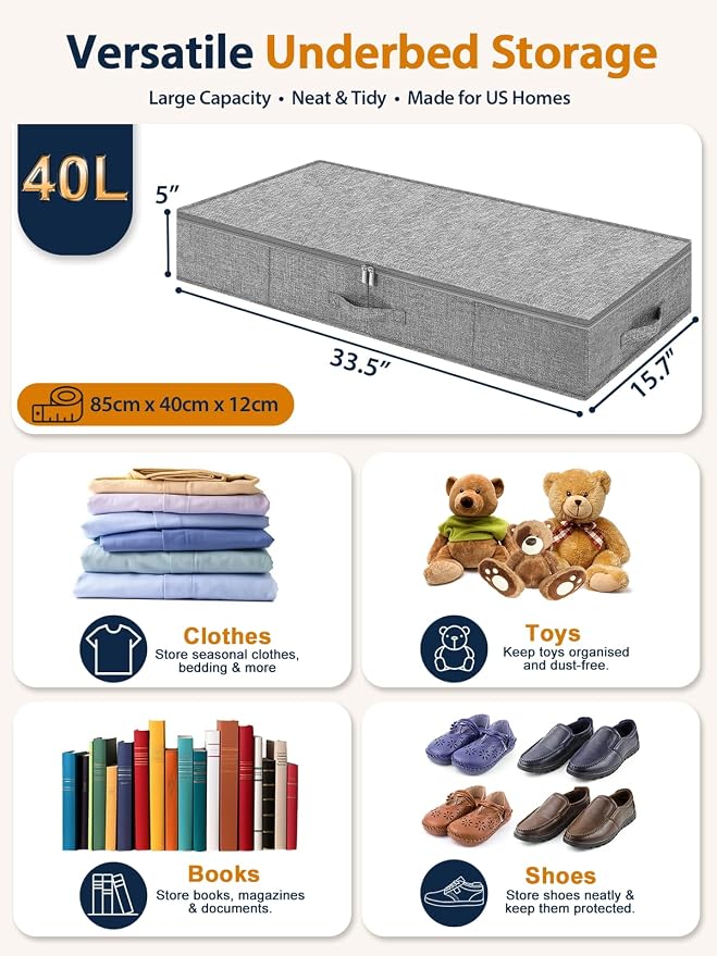 5 Inch High Under Bed Storage Containers 2-Pack, Low Profile Underbed Storage Bins with Rigid Structure, Clear Window & Handles, Foldable Organizer for Clothes, Blankets, Shoes, Bedroom & Dorm, Gray