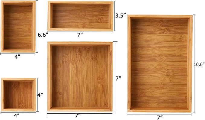 Lawei Set of 5 Bamboo Drawer Organizer Boxes, Desk Storage Box Kit, Drawer Storage Containers Tray Bins for Office, Kitchen, Bedroom, Children Room, Craft, Sewing