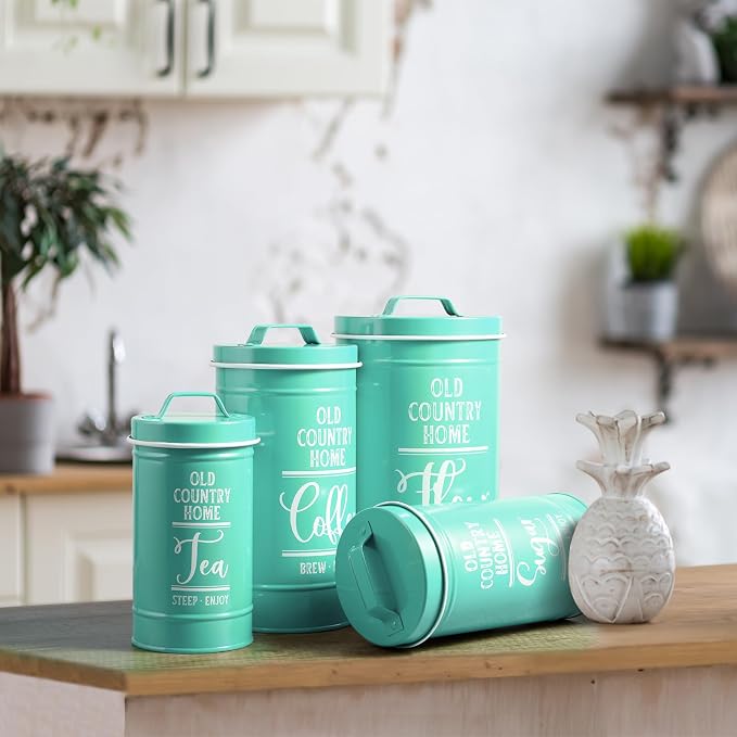 DAYYET Teal Canisters for Kitchen Counter, Airtight Kitchen Canisters for Countertop, Flour and Sugar Containers, Tea Coffee Sugar Canister Set, Turquoise Kitchen Decor and Accessories, Set of 4