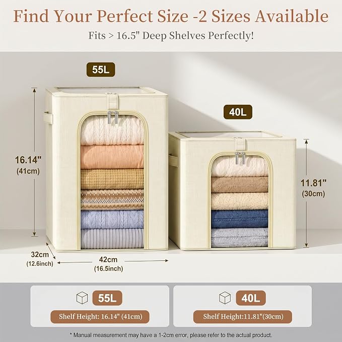 GoMaihe Clothes Storage Bins with Metal Frame, 55L Blanket Storage Boxes for Above Shelf Closet, 6 Pack Stackable Clothing Storage Organizer with Clear Window for Bedding Sweaters Comforters – Beige