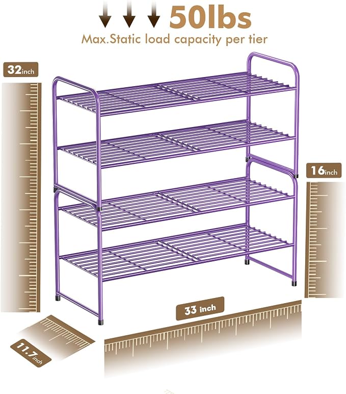 2 Pack Shoe Rack, 2-Tier Metal Stackable Shoe Shelf Storage Organizer, Heavy Duty Wire Shoe Stand for Entryway, Closet, Hallway, Holds 50 LBS, Purple