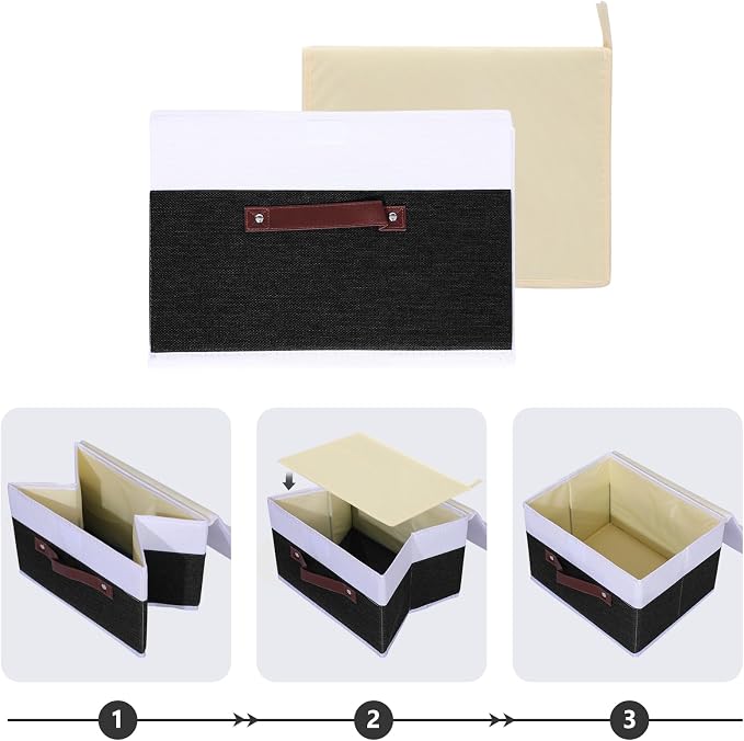 ANMINY Storage Boxes with Lids Washable Decorative Storage Bins Basket with PU Leather Handle Foldable Linen Fabric Storage Cubes Containers for Home Closet Organizer - Black White, Medium