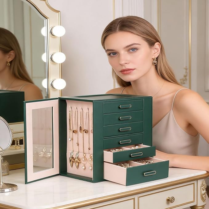 BOOVO Clear Lid Jewelry Box,3 Layers Jewelry Organizer Large Jewelry Storage Box with 2 Drawers,Jewelry Holder Organzier of Rings Earrings Necklace Bracelets for Women (Green, 6 Layer)