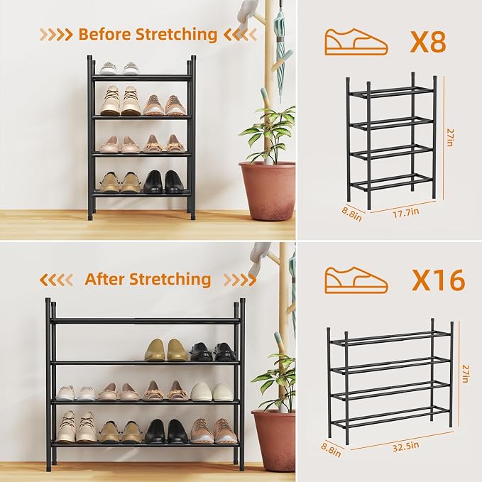 Uneviesyka Expandable Shoe Rack Organizer,Adjustable and Stackable Shoe Storage Shelf,Heavy Duty Metal Small Shoe Rack for Closet Entryway Bedroom (Black, 4 Tier)