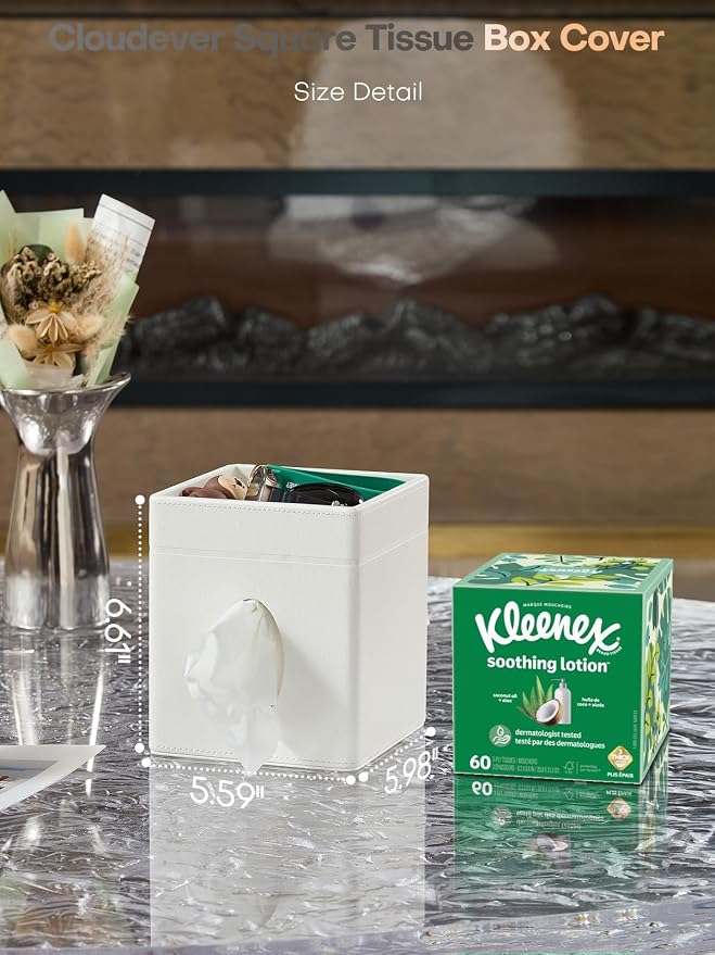 Square Tissue Box Cover Holder with Tray for Kleenex/Puffs Cubes | Gift-Ready for Entryways & Vanities | Stardust Black/Polar Ice/Liquid Iridium | Patented Metal-Look PU Leather-Polar Ice
